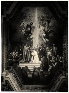 Vigevano - Duomo. Navata centrale, Francesco Gonin, Consacrazione di S. Ambrogio, affresco della volta (1857).
