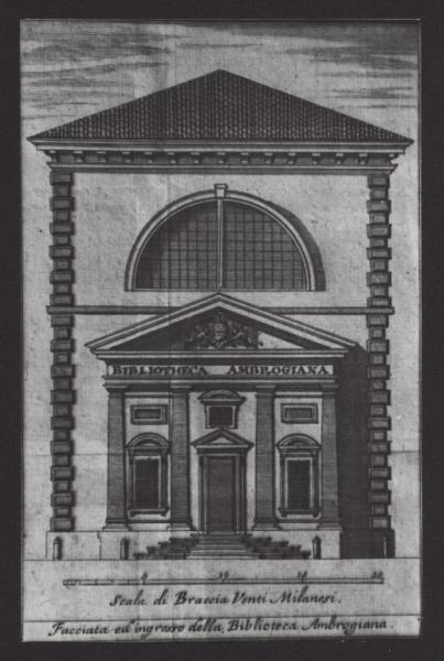 Milano - Biblioteca Ambrosiana. Lelio Buzzi, facciata della biblioteca, incisione su carta.