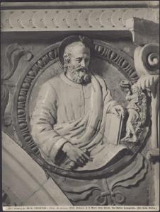 Stia - Oratorio di Santa Maria delle Grazie. Benedetto Buglioni, S. Matteo, medaglione in terracotta invetriata policroma (1500 ca.).