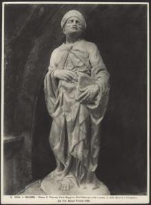 Bologna - Basilica di S. Petronio. Portale centrale, Jacopo della Quercia e Varignana, Sant'Ambrogio, scultura della lunetta.