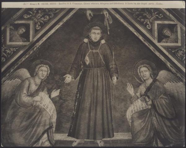 Assisi - Basilica inferiore di S. Francesco. Giotto, Allegoria dell'Obbedienza, S. Francesco col giogo sulle spalle fra due angeli, particolare, affresco della vela verso sinistra.