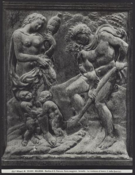Bologna - Basilica di S. Petronio. Portale centrale, Jacopo della Quercia, Condanna al lavoro, formella, bassorilievo in bronzo.