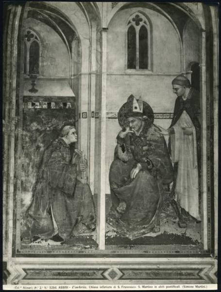 Assisi - Basilica inferiore di S. Francesco. Cappella di S. Martino, Simone Martini, S. Martino assorto in meditazione viene scosso da un chierico per la celebrazione della messa, affresco (1322-26).