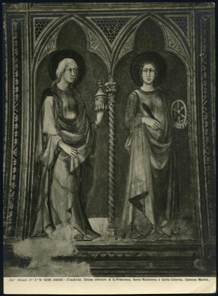 Assisi - Basilica inferiore di S. Francesco. Cappella di S. Martino, Simone Martini, S. Maddalena e Santa Caterina d'Alessandria, affresco (1322-26).