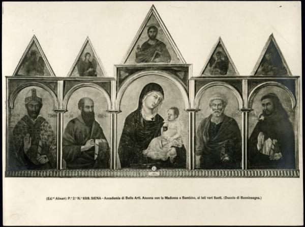 Siena - Pinacoteca Nazionale. Duccio di Buoninsegna, Madonna con Bambino e i Ss. Agostino, Paolo, Pietro e Domenico, tempera su tavola.