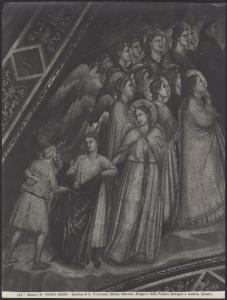 Assisi - Basilica inferiore di S. Francesco. Giotto, Allegoria della Povertà, schiera di angeli e un giovane che offre il mantello a un povero, particolare dell'affresco della vela verso la navata.