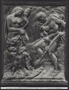 Bologna - Basilica di S. Petronio. Portale centrale, Jacopo della Quercia, Condanna al lavoro, formella, bassorilievo in bronzo.