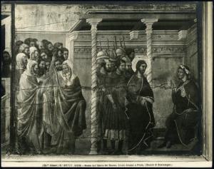 Siena - Museo dell'Opera del Duomo. Duccio da Buoninsegna, Cristo davanti a Pilato, particolare della facciata posteriore della Maestà, tempera su tavola (1308-1311).