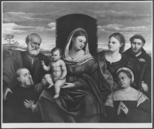 Oreno - Raccolta Gallarati Scotti. Palma il Vecchio, Madonna con Bambino in trono, santi e donatori, olio su tavola.