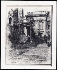 Disegno - Roma - Campidoglio - Particolare della scalinata con passanti - Giuseppe Mentessi