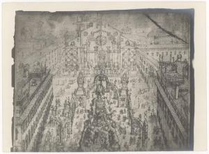 Incisione - Veduta della Piazza del Duomo di Milano con apparati effimeri per una celebrazione, XVII secolo