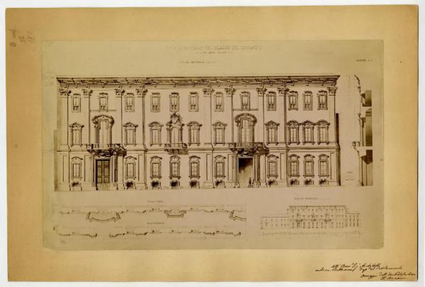 Disegno - Prospetto, sezione, pianta e veduta generale della facciata di Palazzo Cusani su via Brera a Milano - Giovanni Ruggeri