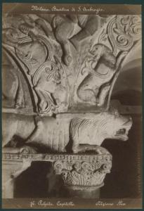 Scultura - Capitello e archivolto - Leone stiloforo, decorazioni fitomorfe e zoomorfe - Milano - Basilica di Sant'Ambrogio - Pulpito