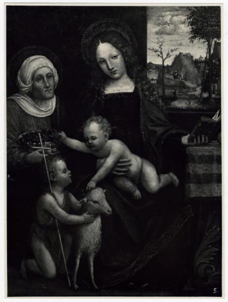 Dipinto - artista prossimo a Bergognone - Bernardino Bergognone (?) - Madonna con Bambino, San Giovannino e Santa Elisabetta - Milano - già collezione Senatore Borletti