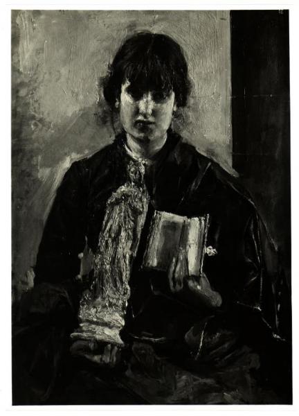 Antonio Mancini, ragazza con libro e statuetta della Vergine, olio