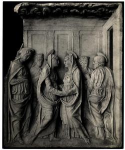 Pavia - Certosa - (?) Bassorilievo marmoreo raffigurante l'incontro tra la Vergine e Sant'Anna