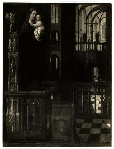 Cremona - Museo Civico - Scuola fiamminga, Madonna con Bambino nell'interno di una chiesa, olio su tela