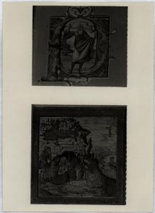 Villanova del Sillaro - Chiesa parrocchiale - Lettera miniata e Adorazione del Bambino, miniature da corali ora distrutti (fine XV sec -)