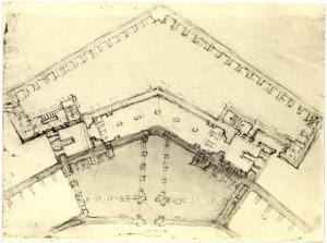 Milano - Castello Sforzesco - Civici Musei, Basilio della Scala (?), studio di architettura militare, fortificazione, disegno su carta