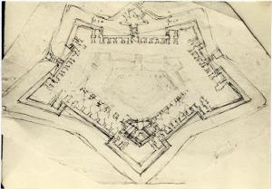 Milano - Castello Sforzesco - Civici Musei, Basilio della Scala (?), studio di architettura militare, fortificazione, disegno su carta
