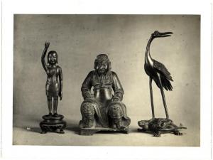 Milano (?) - Raccolta Don Carlo Elli e Bonola Bertolini - Budda nascente (Schang-ti), statuetta e airone stante su una tartaruga, sculture in bronzo