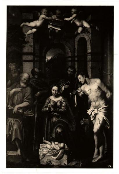 Crema - Chiesa della Ss. Trinità - Callisto Piazza, Adorazione del Bambino con i SSan Pietro e Sebastiano e tre Santi, olio su tela
