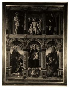 Polittico, Madonna con Bambino in trono, Deposizione e Santi, olio su tela (?)