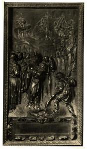 Stallo di coro - S. Ambrogio rinviene le spoglie di un Santo - F.lli Taurini (su disegno del Pellegrini) - Milano - Duomo - Presbiterio
