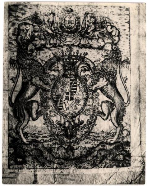 Venezia - Biblioteca Querini-Stampalia. Stemma araldico sorretto da due leoni rampanti, incisione su carta.