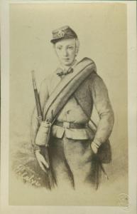 Disegno - Ritratto maschile - Militare - Soldato in uniforme con baionetta e sacchetta porta polvere da sparo