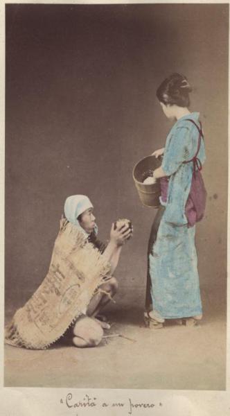 Giappone - Scena di genere giapponese - Mendicante riceve del riso - Kaburi Kojiki - Komo Kaburi - "Fuzoku"