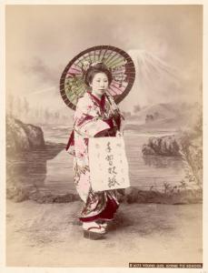 Ritratto femminile - Ragazza giapponese in kimono e geta - lezione di calligrafia - "Bijin"