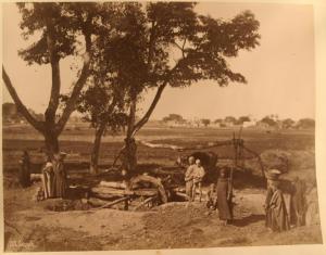 Egitto - Campagna - canale - Mulino ad acqua tradizionale detto saqqieh - Gruppo di uomini e donne