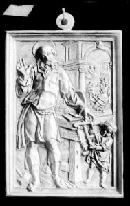 Scultura - bassorilievo non identificato - San Giuseppe con bambinello che imbraccia la sega - Maria all'arcolaio