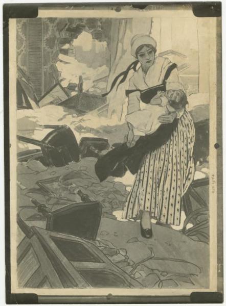Dipinto - Donna con in braccio un bambino fugge da un terremoto - Leopoldo Metlicovitz