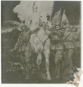 Dipinto - Gruppo di militari con figura femminile a cavallo, bandiere - Leopoldo Metlicovitz