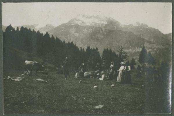 Ritratto di gruppo - Uomini e donne in un prato - Bovini - Alpi Occidentali - Montagne - Panorama