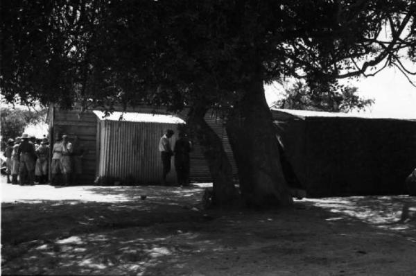 Viaggio in Africa. Campo militare italiano - militari conversano nei pressi di una baracca  - albero