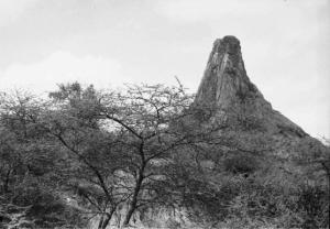 Viaggio in Africa. Paesaggio africano - boscaglia e formazione rocciosa piramidale