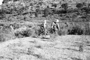 Viaggio in Africa. Paesaggio africano, savana. Sullo sfondo due militari italiani durante una battuta di caccia