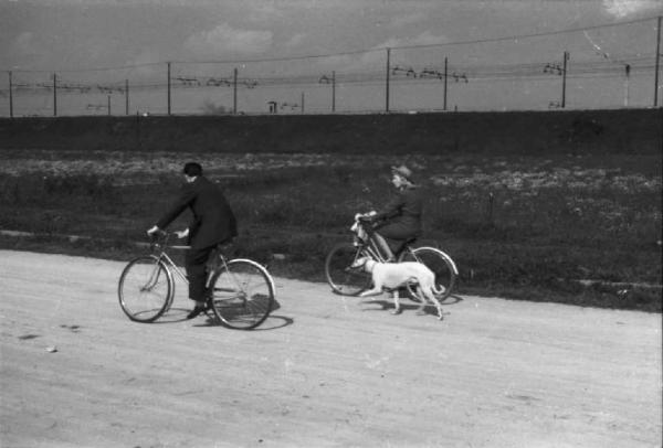 Periferia di Milano: uomo e donna in bicicletta, con cane al guinzaglio, pedalano lungo la massicciata della ferrovia