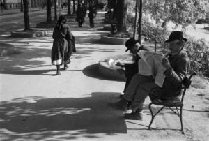 Viaggio in Jugoslavia. Zagabria: un viale alberato e due anziani che leggono il giornale seduti su una panchina