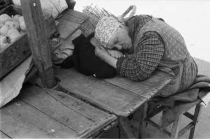 Viaggio in Jugoslavia. Zagabria: contadina croata addormentata sul proprio banchetto al mercato