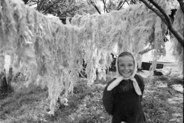 Viaggio in Jugoslavia. Vrhovine: ritratto femminile, bambina sorridente. Alle spalle lana stesa ad asciugare tra gli alberi