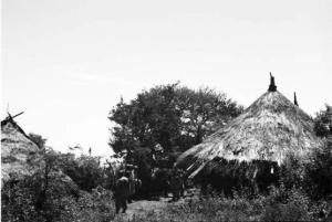 Viaggio in Africa. Paesaggio africano: alcuni uomini in un villaggio di capanne con tetti in paglia