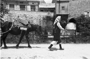 Viaggio in Jugoslavia. Mostar: scene di vita quotidiana - donna cammina lungo una strada con un cavallo da soma