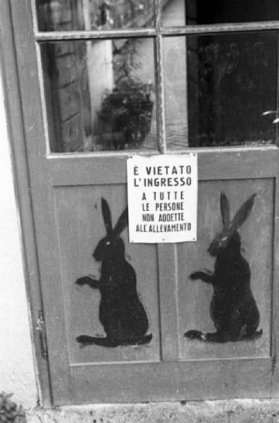 Allevamento di conigli d'angora - porta d'ingresso - cartello di divieto d'ingresso degli estranei