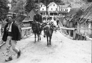 Viaggio in Jugoslavia. Yaitze: zona rurale lungo la Pliva.  Il ponte attraversato da una carovana di pastori