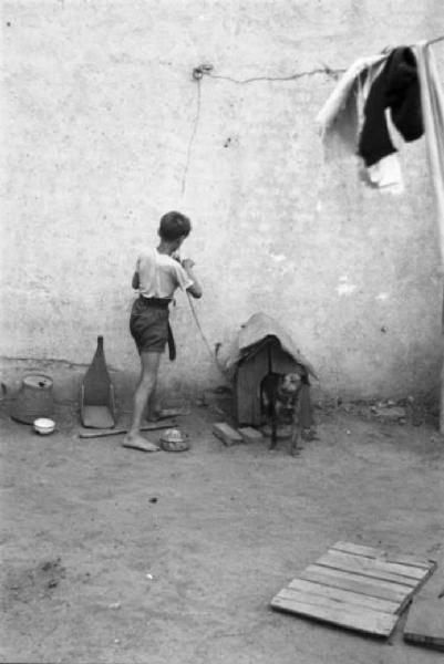Italia Dopoguerra. Milano - Periferia - Baraccopoli - Un bambino scalzo e la cuccia di un cane