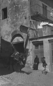 Castel Gandolfo. Scene di vita quotidiana - un'anziana donna seduta davanti a un'abitazione osserva il passaggio di un cavallo da tiro lungo la strada